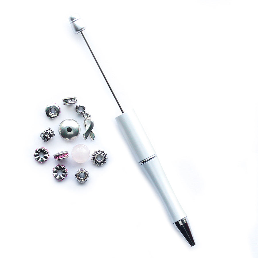 Beads with Bead Pen Kit - Rose Quartz and Awareness Charm with White Plastic Pen - Limited Edition