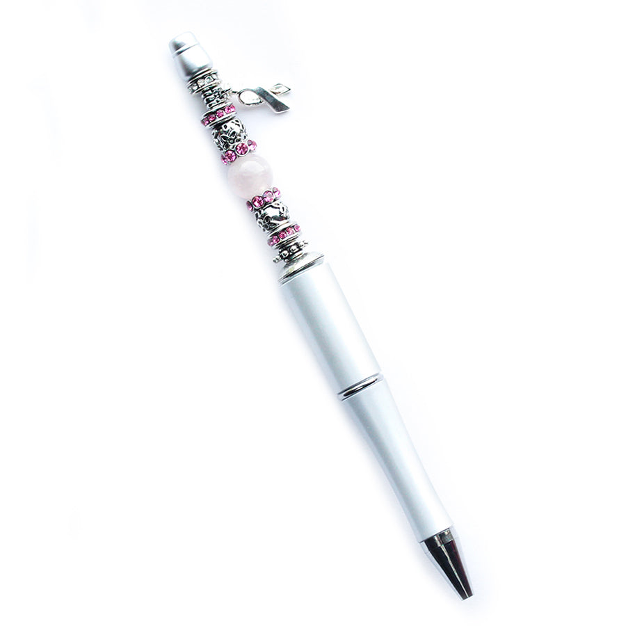 Beads with Bead Pen Kit - Rose Quartz and Awareness Charm with White Plastic Pen - Limited Edition