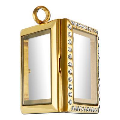 30mm Square Gold with Rhinestones Stainless Steel Glass Locket