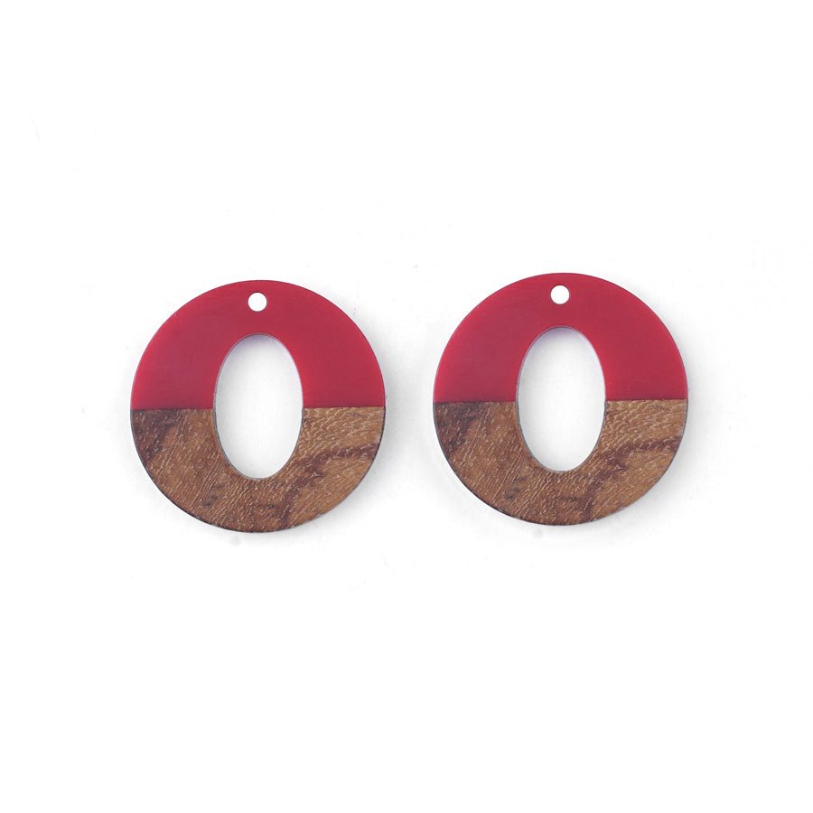 28mm Wood & Deep Red Resin Disc with Oval Cut Out Focal Piece Pendant - 2 Pack - Goody Beads