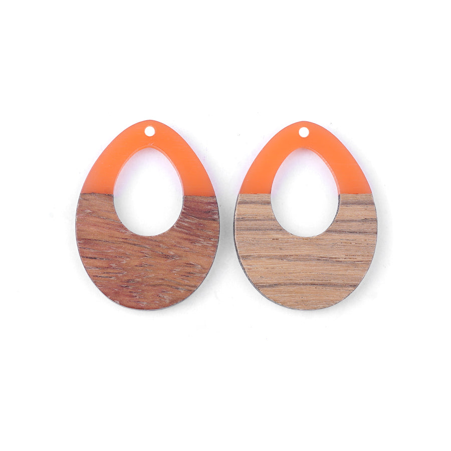 28x38mm Wood & Coral Resin Off Center Drop Focal Pieces - 2 Pack - Goody Beads