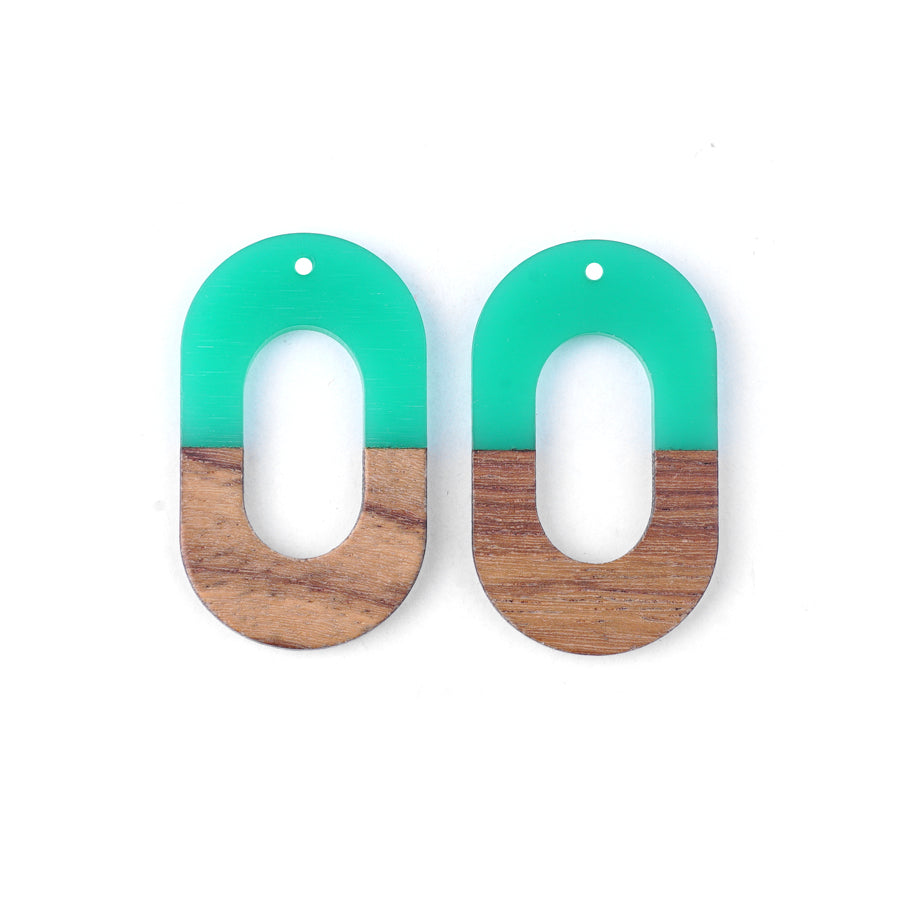 22x38mm Wood & Green Turquoise Resin Squared Oval Focal Pieces - 2 Pack - Goody Beads
