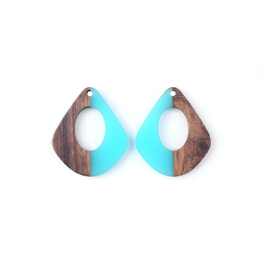 28x32mm Wood & Sea Blue Resin Pear Shaped with Cut Out Focal Pieces - 2 Pack - Goody Beads