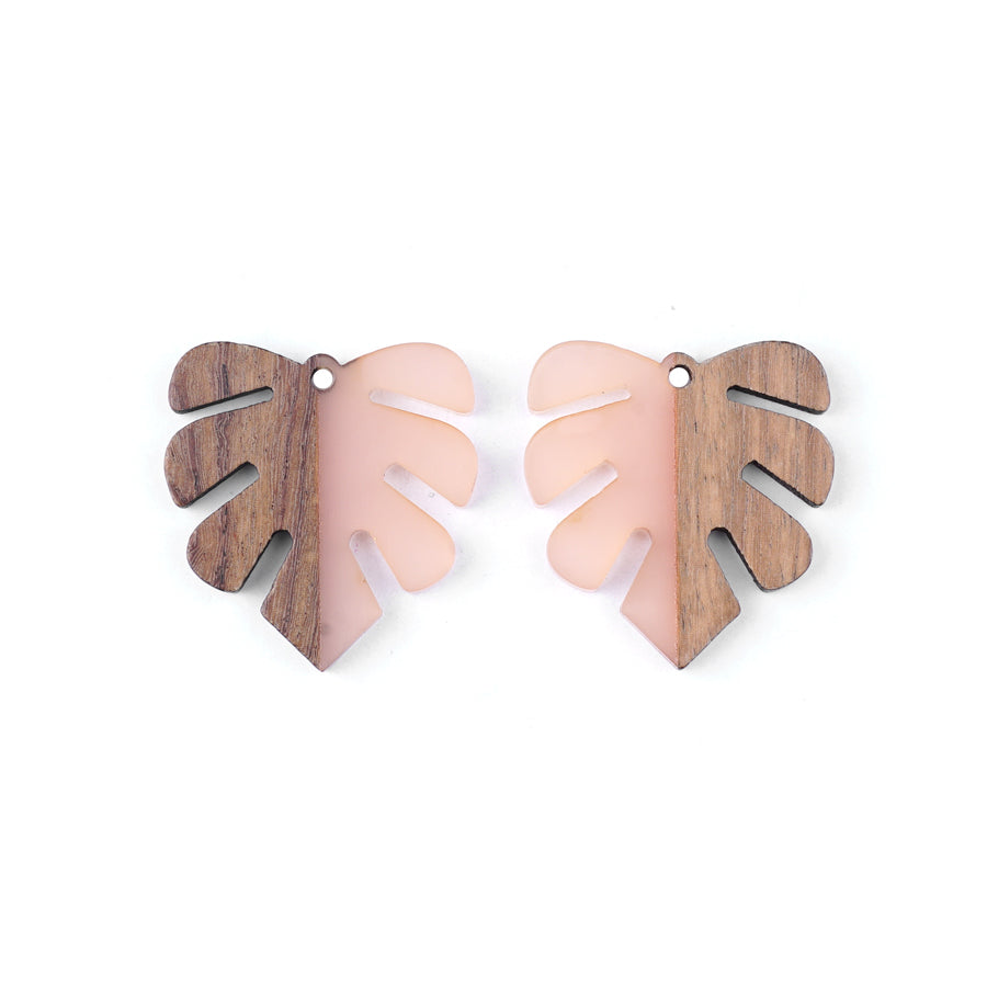 28x32mm Wood & Pale Pink Resin Leaf Focal Piece Pendant - 2 Pack - Goody Beads