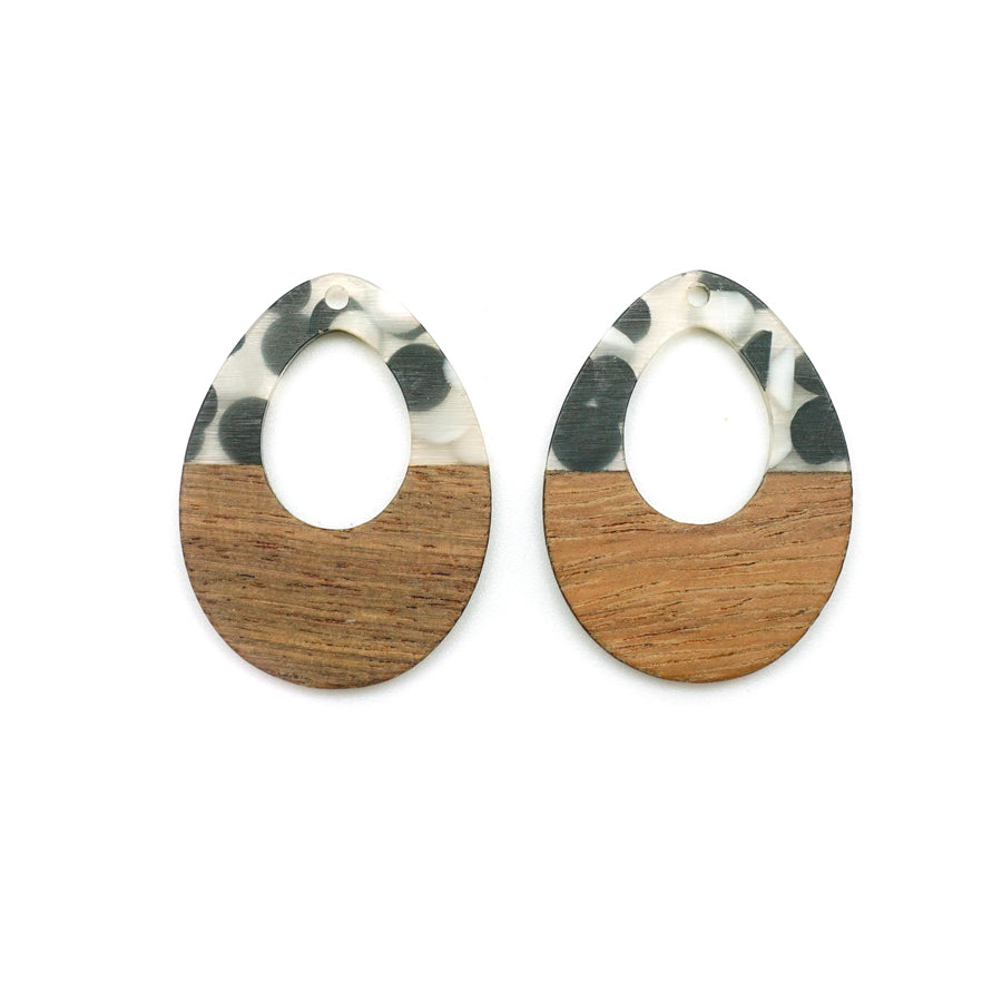28x38mm Wood & Clear Resin with Black & White Dots Off Center Drop Focal Pieces - 2 Pack - Goody Beads