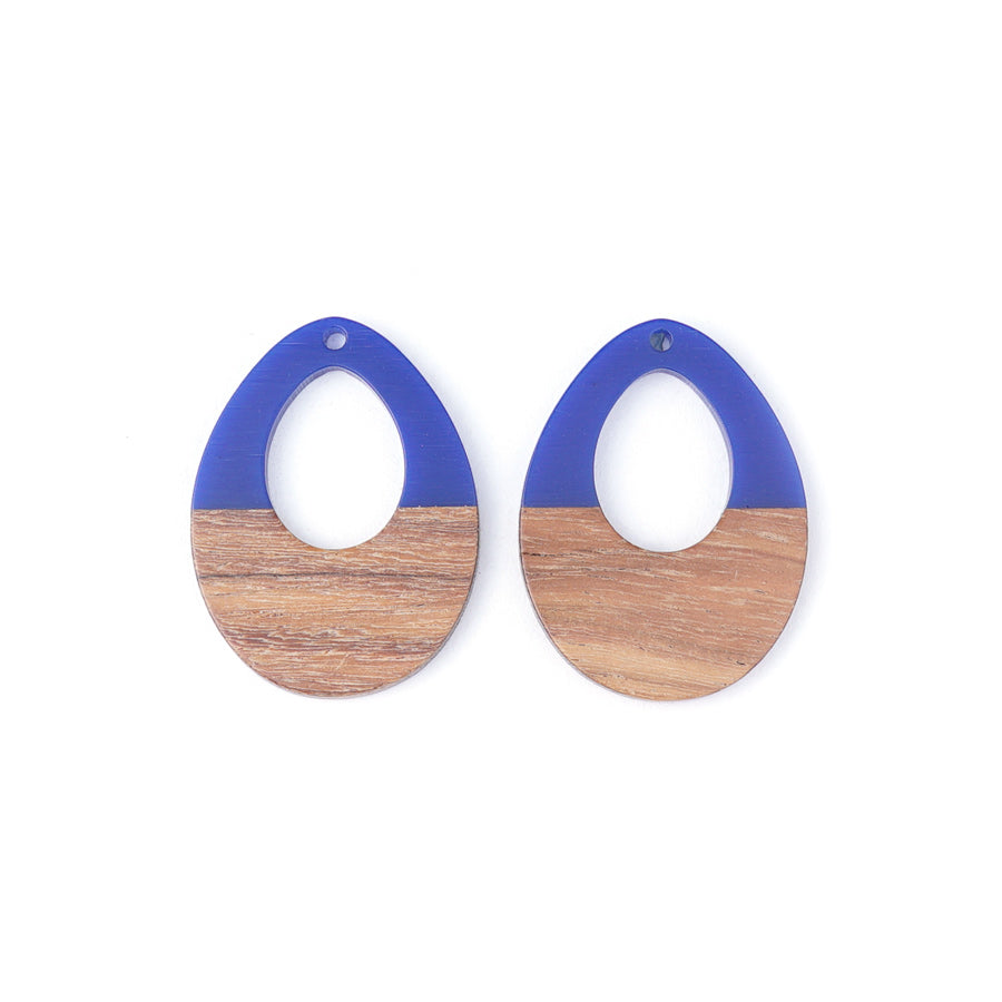 28x38mm Wood & Navy Blue Resin Off Center Drop Focal Pieces - 2 Pack - Goody Beads