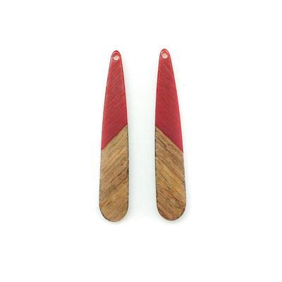 9x44mm Wood & Deep Red Resin Long Drop Focal Piece Pendant Charm - 2 Pack - Goody Beads