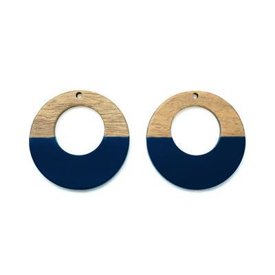 38mm Wood & Navy Blue Resin Off Center Donut Focal Piece Pendant - 2 Pack - Goody Beads