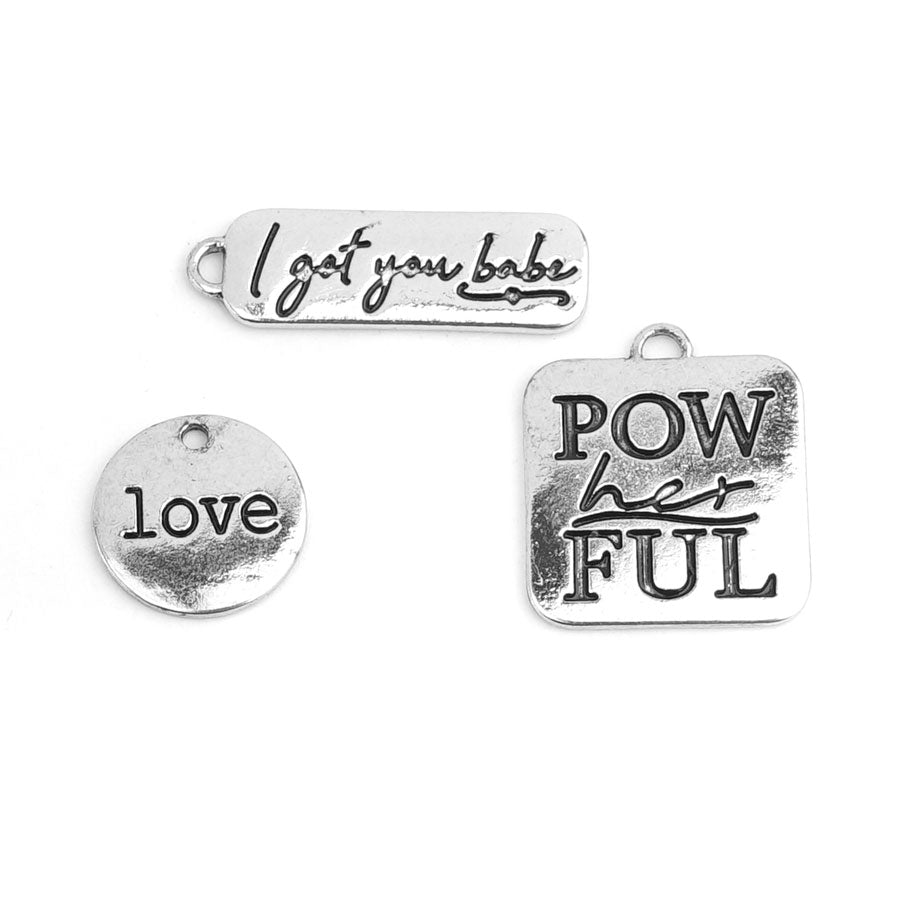 PowHERful 3 Piece Charm Set in Silver - "I Got You Babe" "PowHERful" "Love" - GB Exclusive - Goody Beads