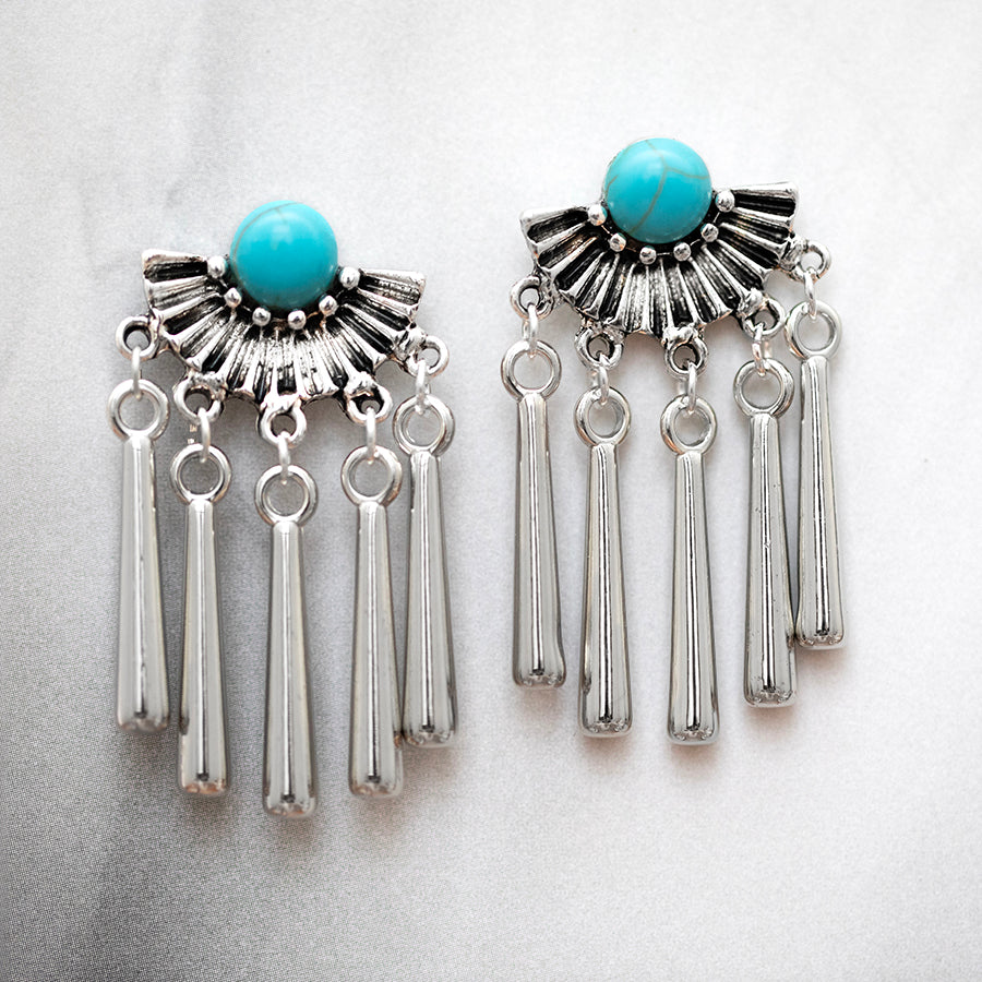 19x24mm Fan Earring Post Pair with Faux Turquoise Embellishment from the Global Collection - Silver Plated (1 Pair)