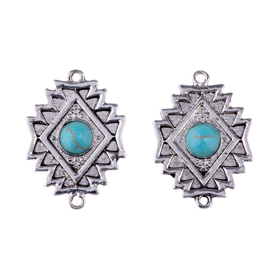 28x20mm Southwest Style Diamond Shape Connector with Faux Turquoise from the Sierra Collection - Silver Plated (1 Pair)