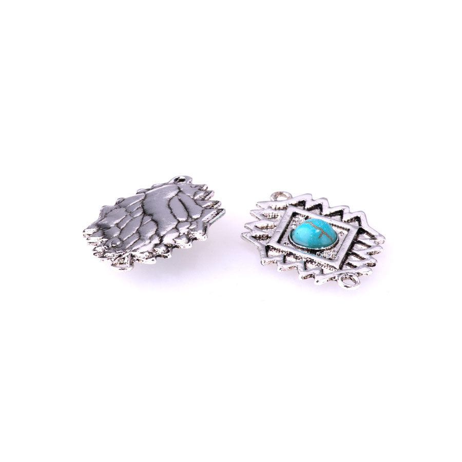 28x20mm Southwest Style Diamond Shape Connector with Faux Turquoise from the Sierra Collection - Silver Plated (1 Pair)