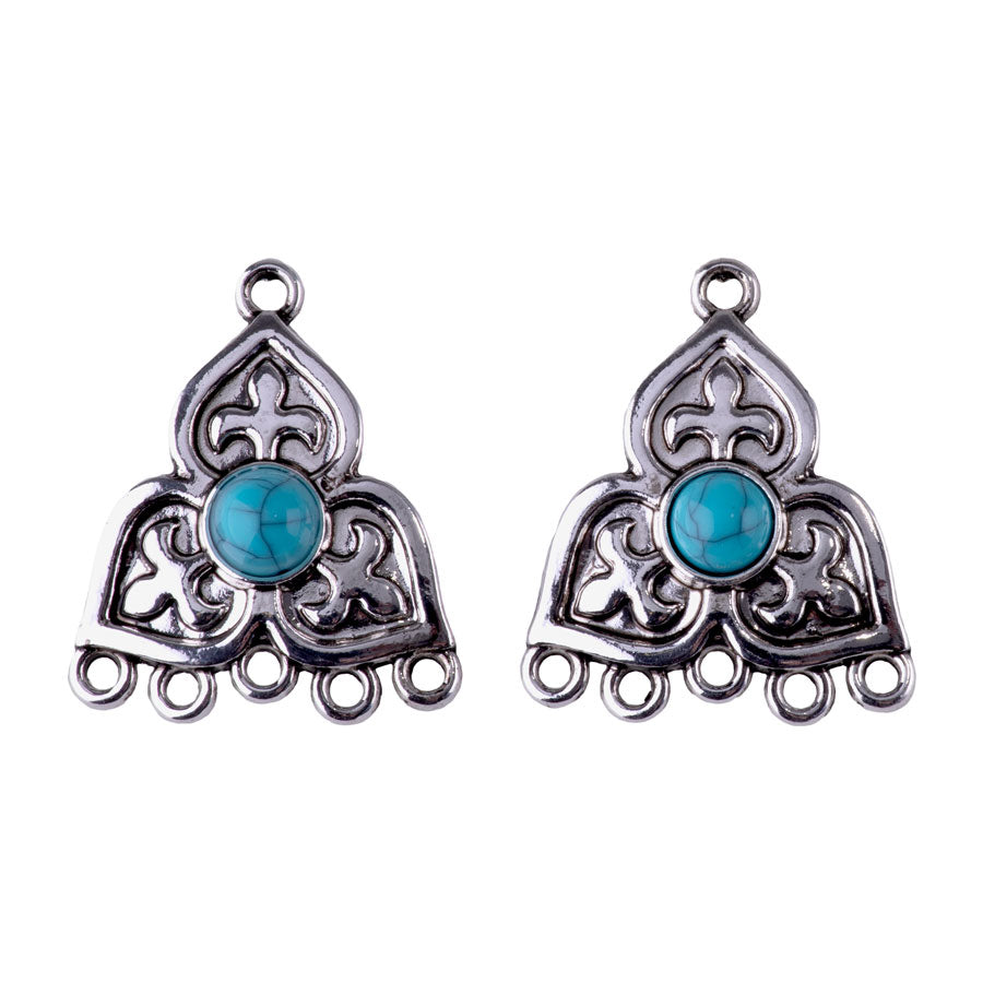 28mm Abstract Clover Shape Connector with Faux Turquoise Embellishment from the Global Collection - Silver (1 Pair)