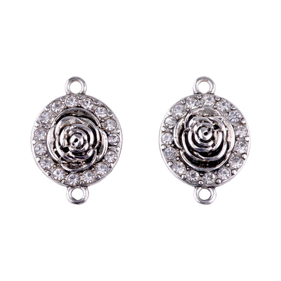 25mm Round Connector with Rose Center and Crystal Embellishments from the Glam Collection - Silver Plated (1 Pair)