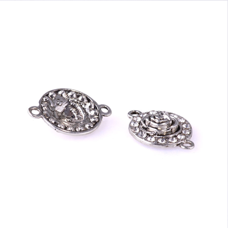 25mm Round Connector with Rose Center and Crystal Embellishments from the Glam Collection - Silver Plated (1 Pair)