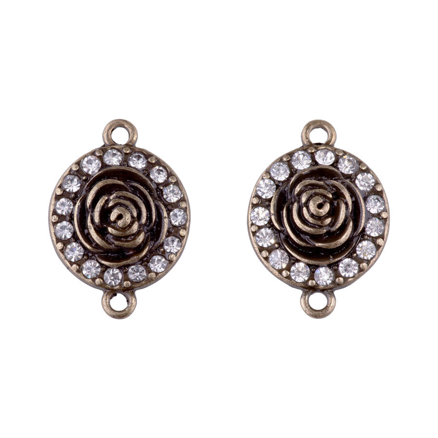 25mm Round Connector with Rose Center and Crystal Embellishments from the Glam Collection - Antique Brass Plated (1 Pair)