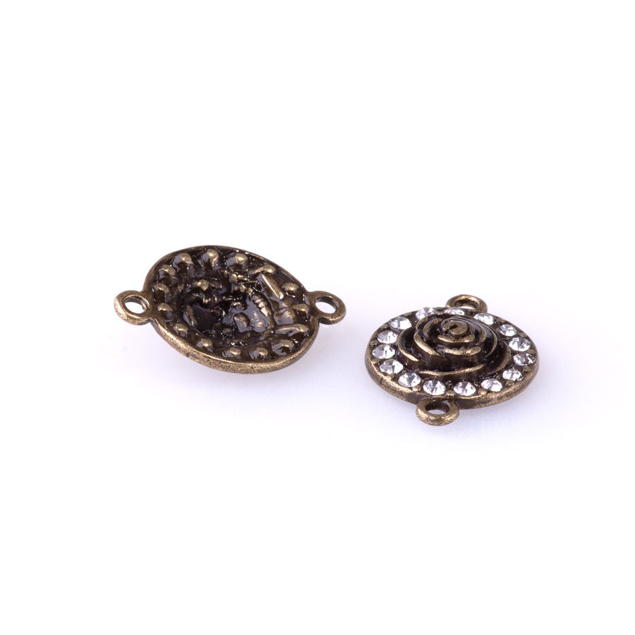 25mm Round Connector with Rose Center and Crystal Embellishments from the Glam Collection - Antique Brass Plated (1 Pair)