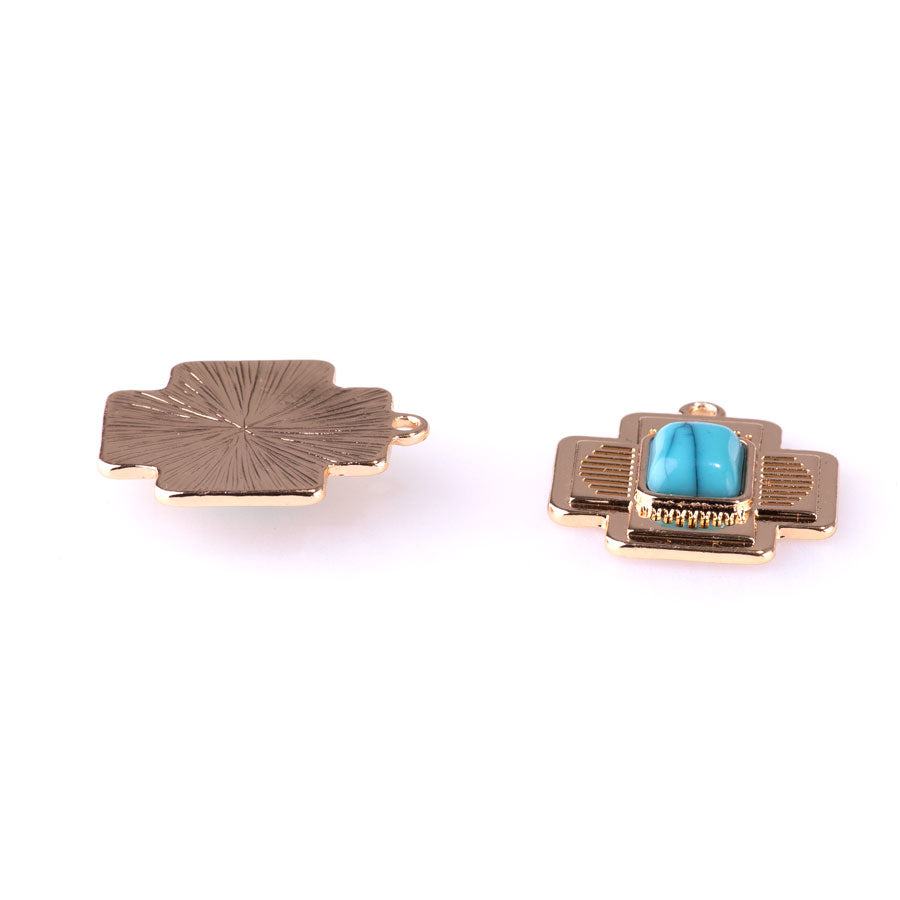 24mm Southwestern Cross Charm/Pendant with Faux Turquoise Center from the Sierra Collection - Gold Plated (1 Pair)