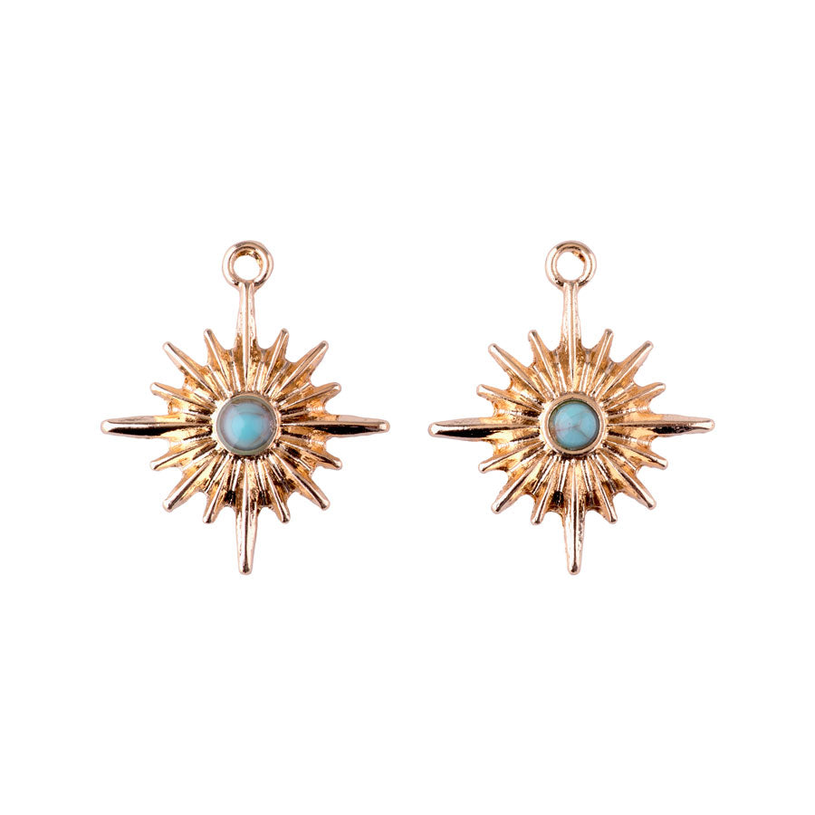 23mm Sun Burst Charm/Pendant with Faux Turquoise Center from the Sierra-Collection - Gold Plated (1 Pair)