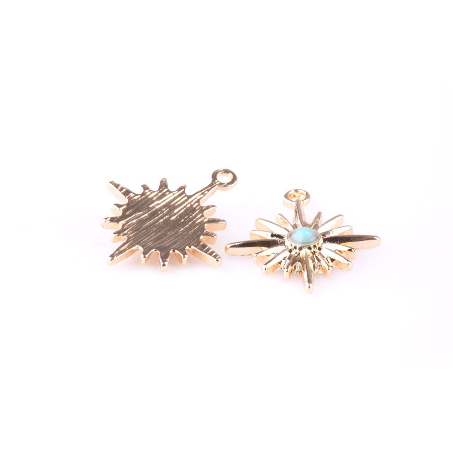 23mm Sun Burst Charm/Penant with Faux Turquoise Center from the Sierra-Collection - Gold Plated (1 Pair)