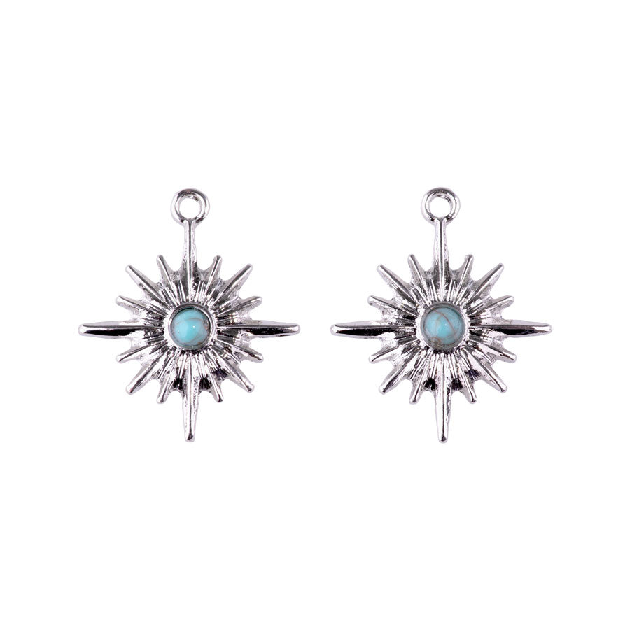 23mm Sun Burst Charm/Penant with Faux Turquoise Center from the Sierra-Collection - Rhodium Plated (1 Pair)