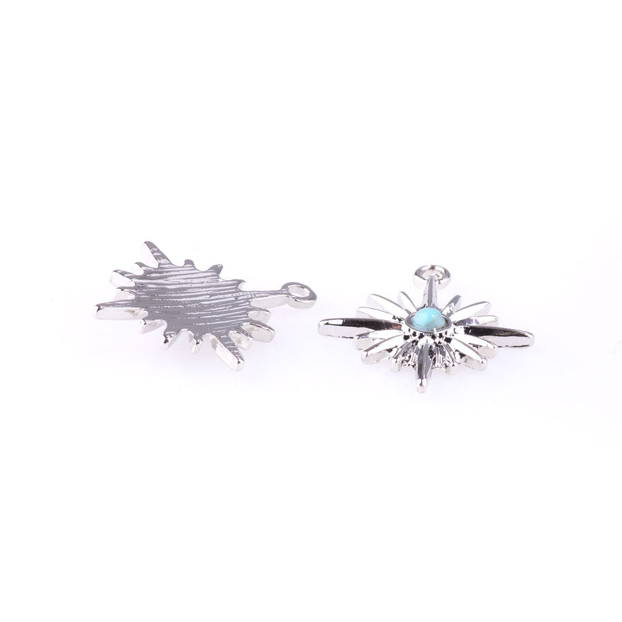 23mm Sun Burst Charm/Penant with Faux Turquoise Center from the Sierra-Collection - Rhodium Plated (1 Pair)