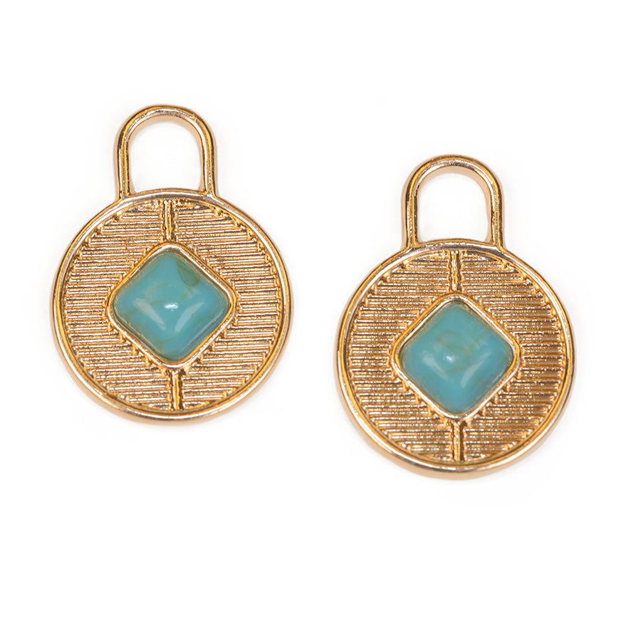 23mm Round Charms with Faux Turquoise Embellishement from the Global Collection - Gold Plated (1 Pair)