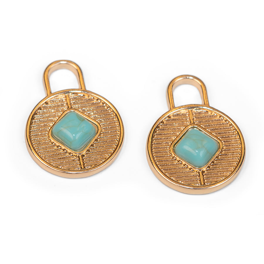 23mm Round Charms with Faux Turquoise Embellishement from the Global Collection - Gold Plated (1 Pair)