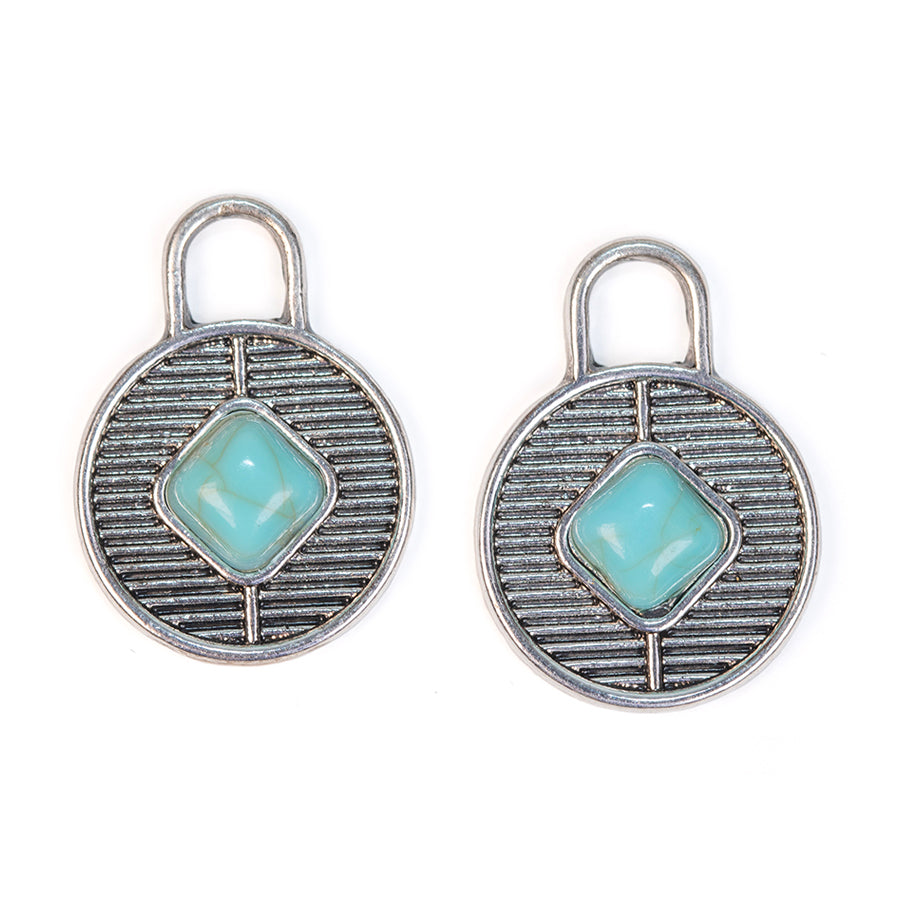 23mm Round Charms with Faux Turquoise Embellishement from the Global Collection - Silver Plated (1 Pair)