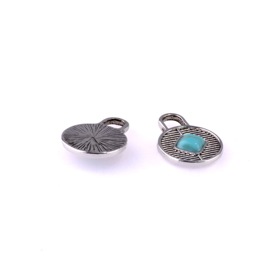 23mm Round Charms with Faux Turquoise Embellishement from the Global Collection - Silver Plated (1 Pair)