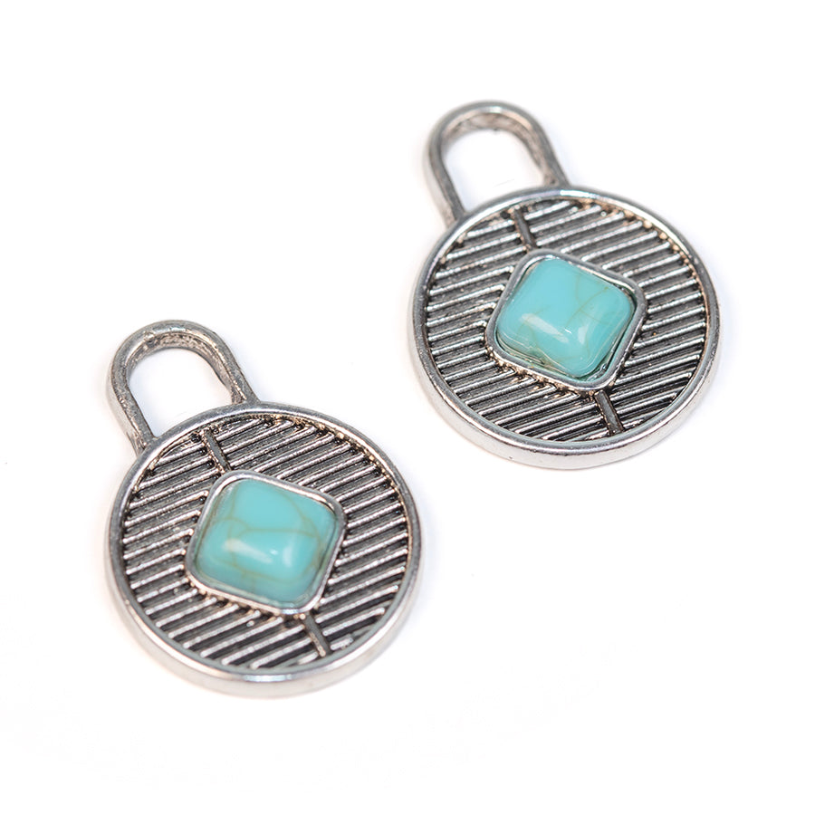 23mm Round Charms with Faux Turquoise Embellishement from the Global Collection - Silver Plated (1 Pair)