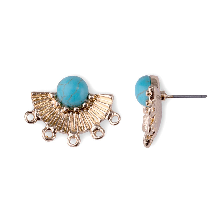 19x24mm Fan Earring Post Pair with Faux Turquoise Embellishment from the Global Collection - Gold Plated (1 Pair)