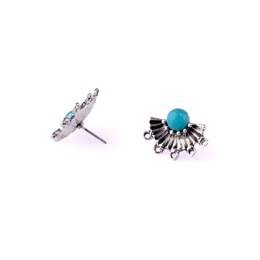 19x24mm Fan Earring Post Pair with Faux Turquoise Embellishment from the Global Collection - Silver Plated (1 Pair)
