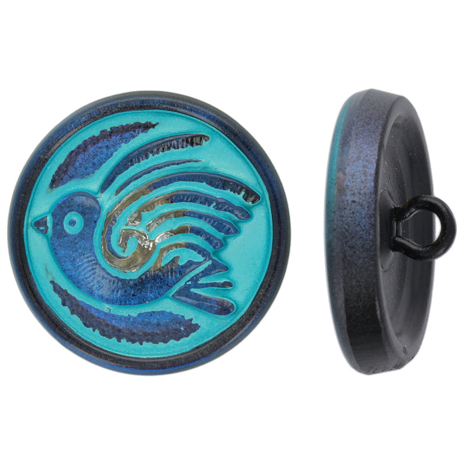 18mm Bird Button Bright Blue w Turquoise Wash