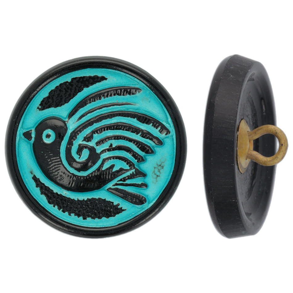 18mm Bird Button Jet Black with Turquoise Wash