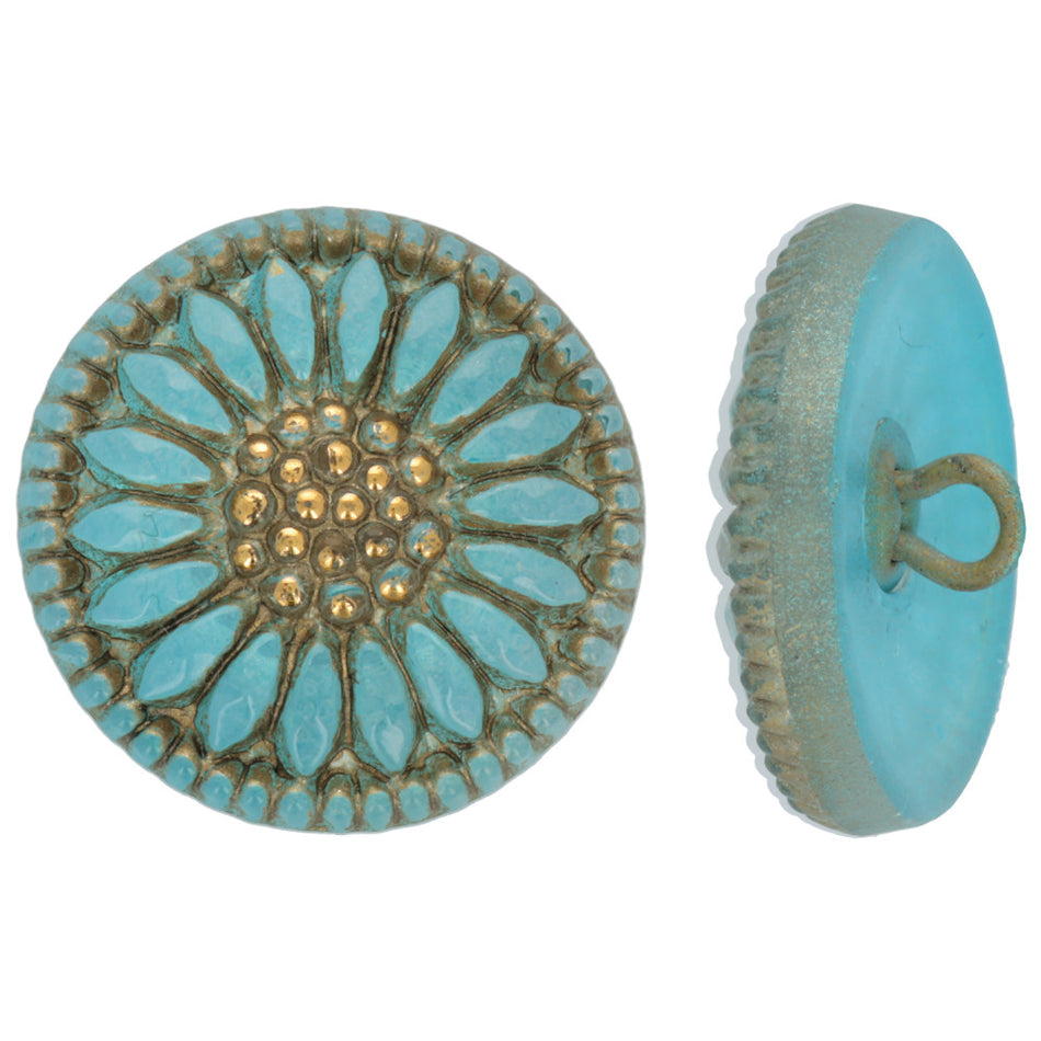 18mm Sunflower Button Aqua with Gold Wash and Gold Paint