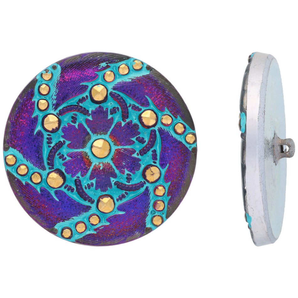 Czech Glass 32mm Round Marcasite Flower, Blue Purple Iridescent with Aqua Wash and Gold Paint Button by Raven's Journey