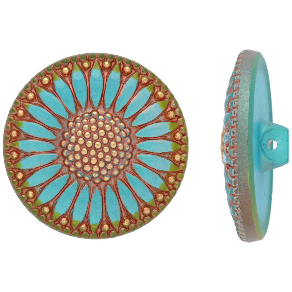 Czech Glass 32mm Round Sunflower, Aqua Blue with Copper Wash Button by Raven's Journey