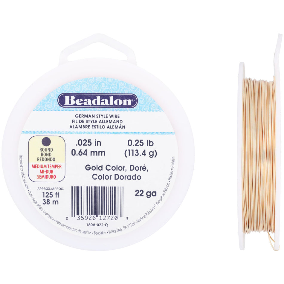 German Style Wire, Round, Gold Color, 22 gauge .64 mm / .025 in, approx. 125 ft, 1/4 lb / .11 kg