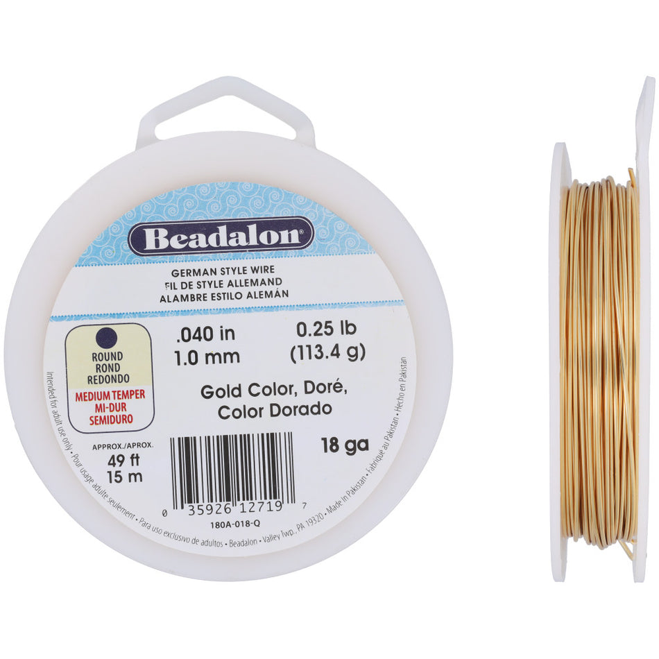 German Style Wire, Round, Gold Color, 18 gauge 1.02 mm / .040 in, approx. 49 ft, 1/4 lb / .11 kg