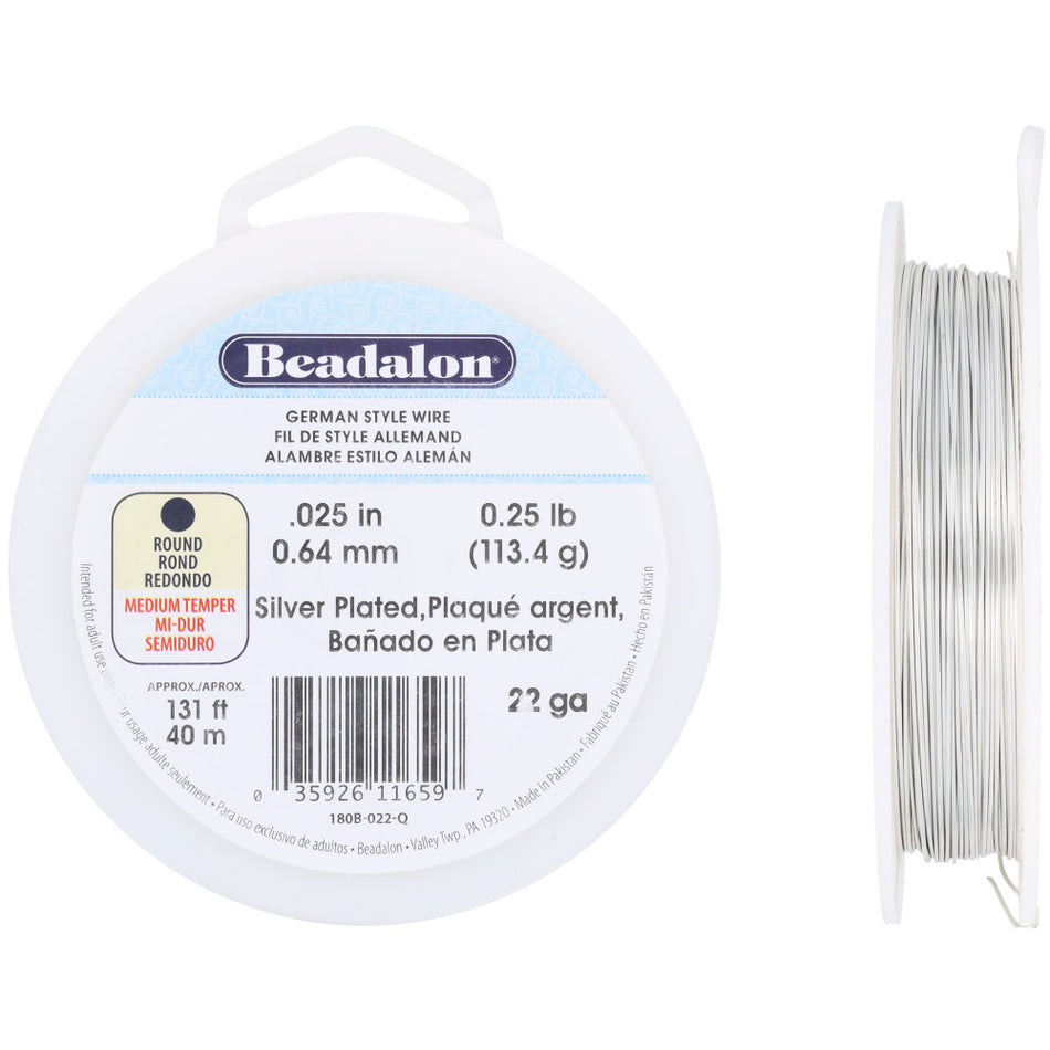 German Style Wire, Round, Silver Plated, 22 gauge .64 mm / .025 in, approx. 131 ft, 1/4 lb / .11 kg