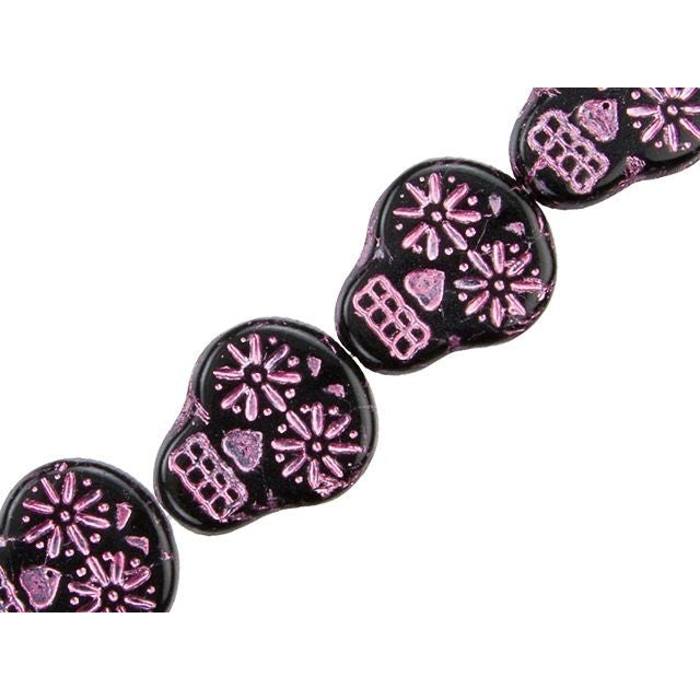 20mm Jet Black Opaque with Pink Wash Sugar Skull Czech Glass Beads from Raven's Journey