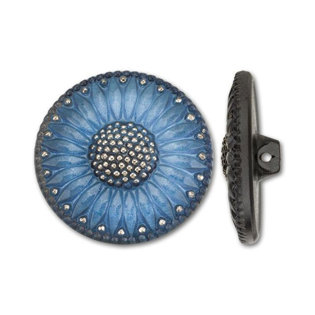 Czech Glass Blue and Silver Daisy Design Round Button by Raven's Journey