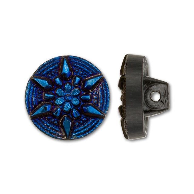 Czech Glass Dark Blue Iris Dotted Spiral and Arrows Design Round Button by Raven's Journey