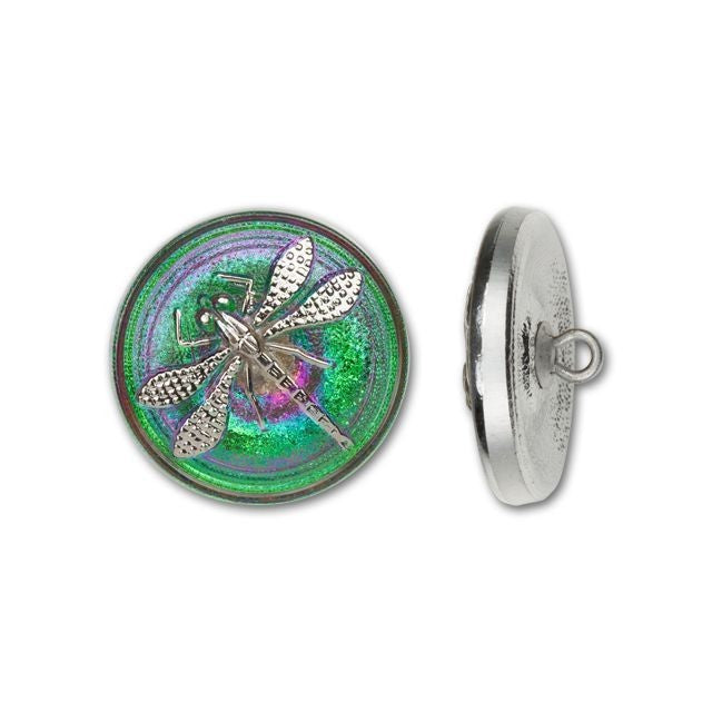 18mm Czech Glass Round Silver Dragonfly with Green and Hot Pink Background Button by Raven's Journey