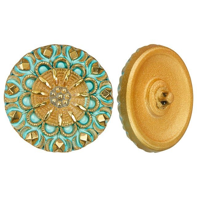 Czech Glass Turquoise and Gold Floral Motif Button by Raven's Journey