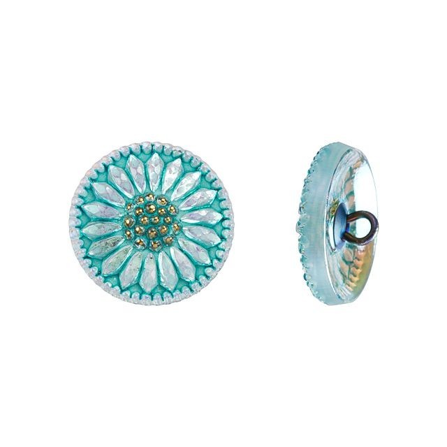 Czech Glass 18mm Aqua Iridescent with Gold Finish Round Sunflower Button by Raven's Journey