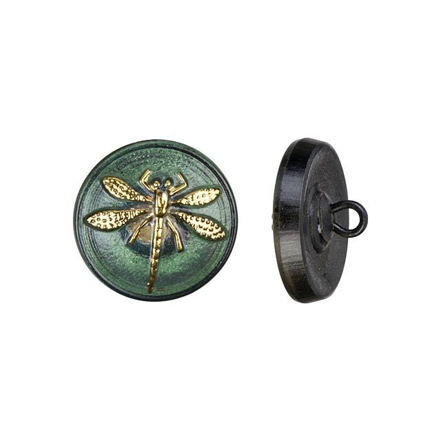 Czech Glass 18mm Tourmaline with Gold Finish Round Dragonfly Button by Raven's Journey