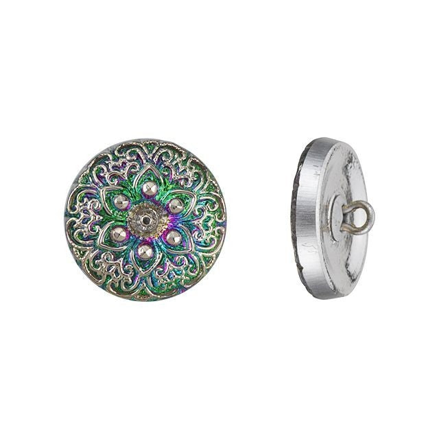 Czech Glass 19mm Round Lacy Star Green Purple Iridescent with Silver Paint Glass Button by Raven's Journey