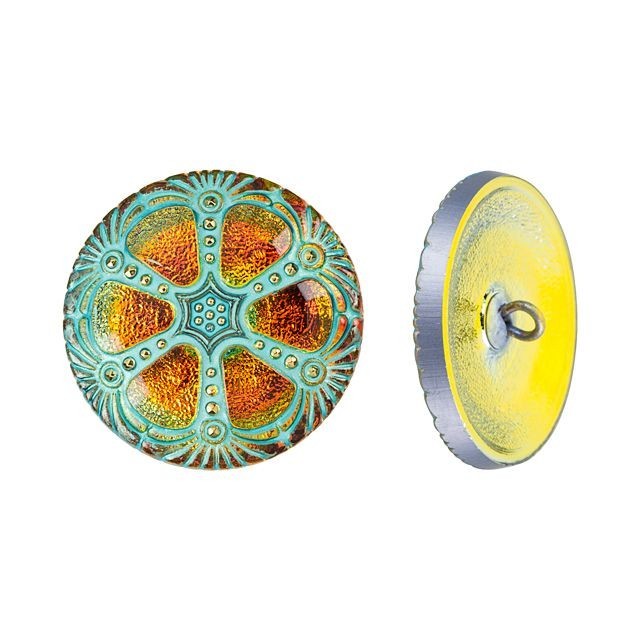 Czech Glass 27mm Round Wheel Golden Orange with Turquoise Wash and Gold Paint Glass Button by Raven's Journey